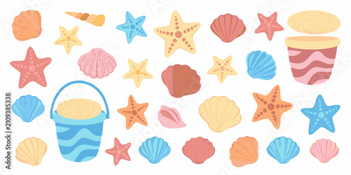 Slika na platnu Colorful Seashells And Starfish Vector Illustration On White Background
