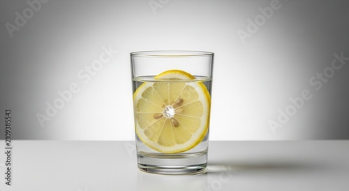Clear shot glass with water and lemon slice, refreshing drink, studio shot