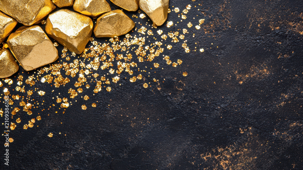 Fototapeta premium Shiny gold nuggets and glittering gold dust on dark background create luxurious and opulent atmosphere