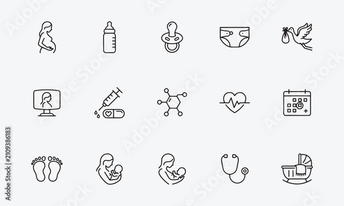 Pregnancy line editable Icons set. Contain icons related to motherhood, fertility, hormone therapy, medical examination