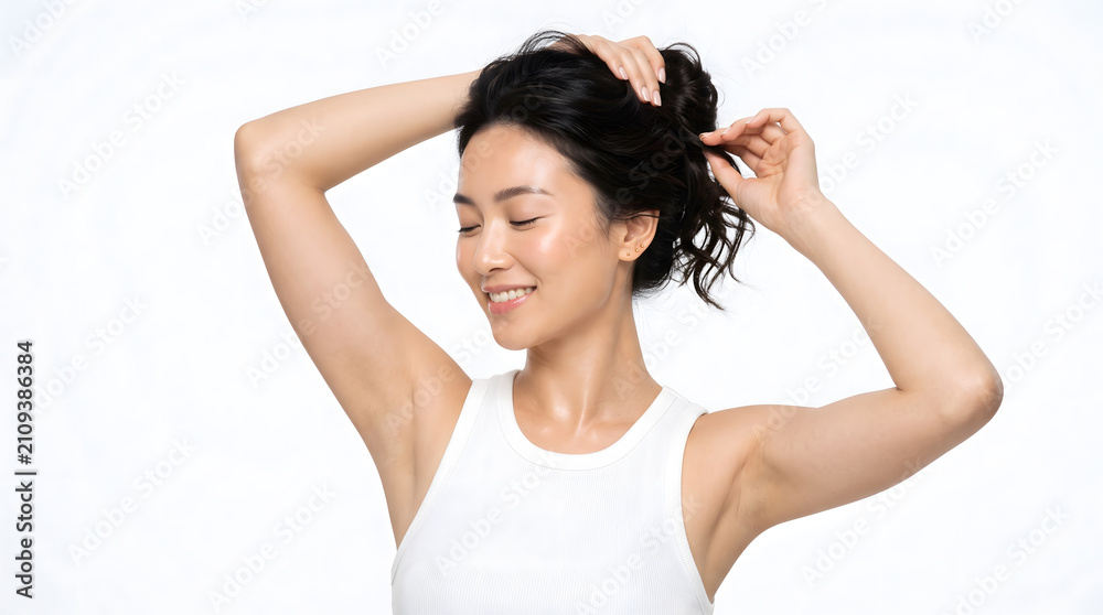Fototapeta premium Smiling woman with eyes closed gathering hair into bun using both hands against plain white background
