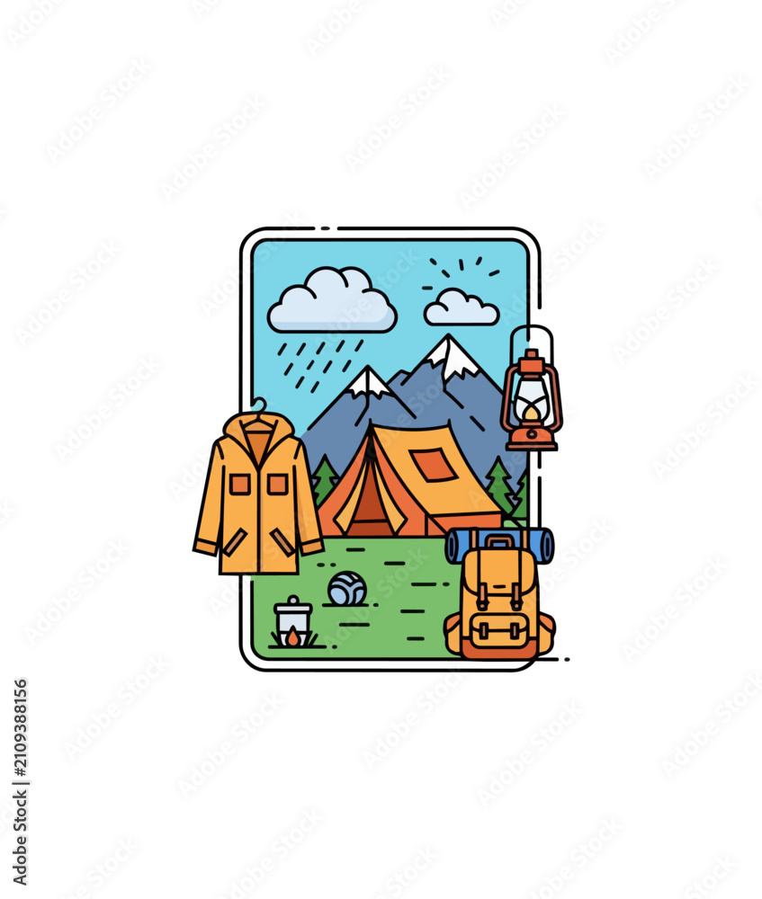 Naklejka premium Outdoor adventure camping gear and mountain landscape illustration