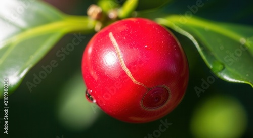 close up of a single red cranberry with green leaves