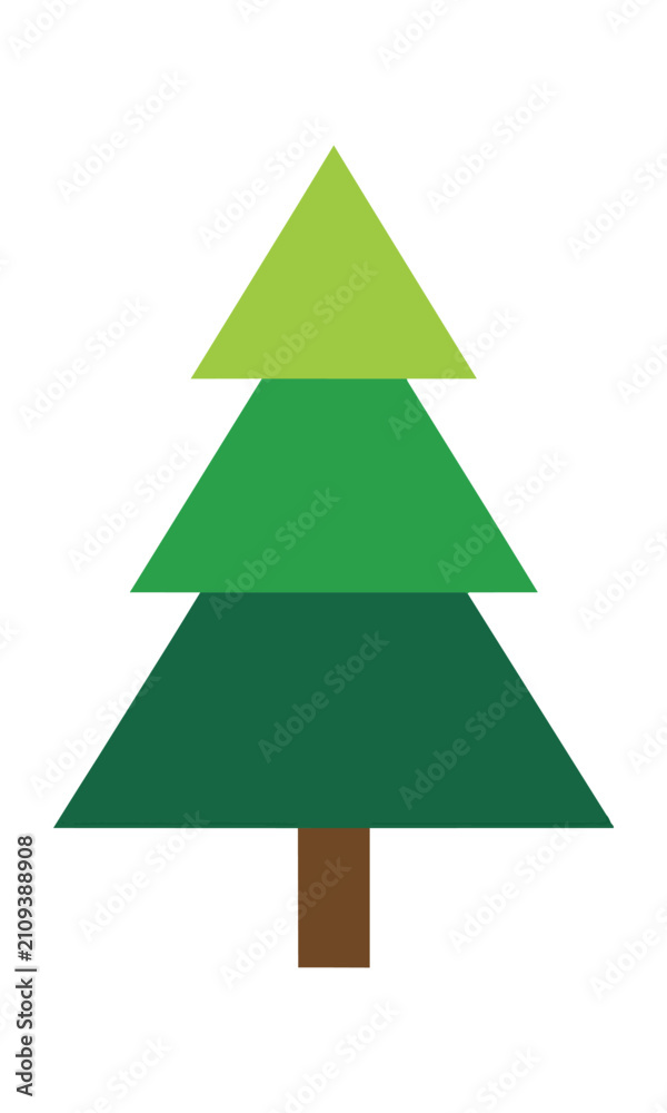 Obraz premium Minimalist pine tree composed of stacked geometric green triangles with a brown trunk on a white background, forest nature concept