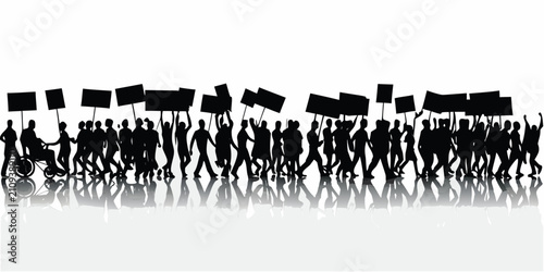 Protest march silhouette vector illustration with diverse people holding banners and signs