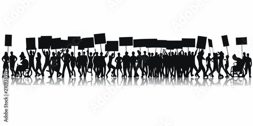 фотографія Protest March Silhouette Vector Illustration With Reflections On White Backgroun