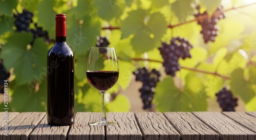 A rustic wooden table holds a bottle of deep red wine and a full glass, set against a backdrop of sun-drenched vine leaves and ripe grapes, background, rustic, glow