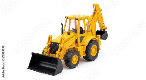 Yellow toy backhoe loader with a front loader and excavator arm isolated on white background.