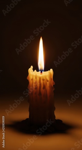 A single burning candle casting a soft golden glow against a dark background, showing the flickering flame and melting wax in a calm room, light, spirituality, melt