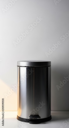 A stainless steel cylindrical trash can with a foot pedal stands against a plain white wall, reflecting light on its polished metallic surface, background, garbage, interior