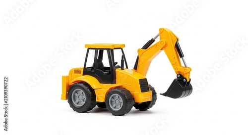 Yellow toy excavator construction vehicle isolated on white background.