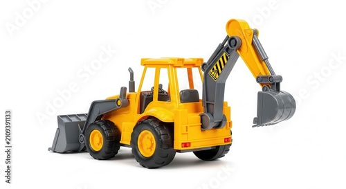 Yellow toy backhoe loader with front loader and excavator arm on white background.