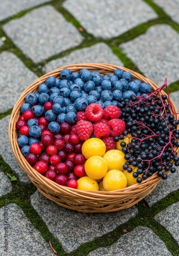 Freshly harvested colorful wild berries and fruits placed in a rustic woven basket resting on an antique stone walkway, wild, berries, stone