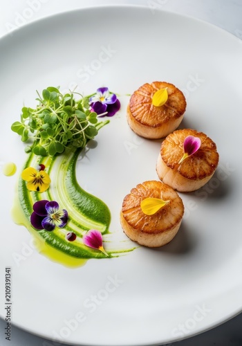 Gourmet seared scallops served on a white ceramic plate with a vibrant herb oil drizzle, edible flowers, and delicate microgreens garnish, tasty, vegetable, appetizer
