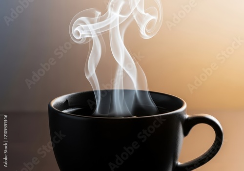 Hot black tea in a ceramic teacup generating stimulating steam, representing energy and a morning wake-up call for focus and productivity, hot, cozy, productivity