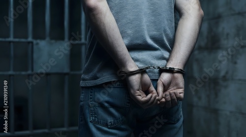 Handcuffed Man Standing in Front of Jail Cell Bars Rear View