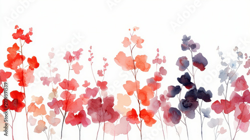 Watercolor floral design featuring vibrant red, pink, and purple flowers with delicate stems, creating serene and artistic atmosphere