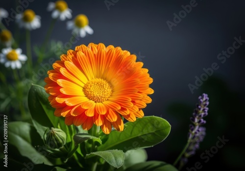 Vibrant orange and yellow calendula flowers blooming in a natural garden setting, showing petals, green leaves, and medicinal herbs, beauty, botanical, leaf