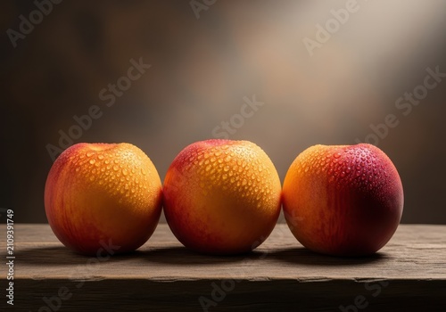 Vibrant ripe peaches resting on a wooden surface in a horizontal orientation, showcasing soft lighting and natural textures of the fruit, delicious, peach, healthy