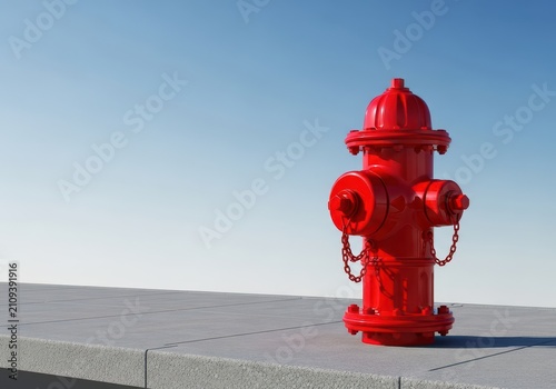A bright red fire hydrant stands prominently on a gray concrete sidewalk during a clear day, ready for emergency water access in the city, reliable, stationary, urban
