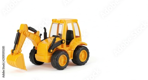 Yellow toy excavator with articulated arm and bucket on a white background.