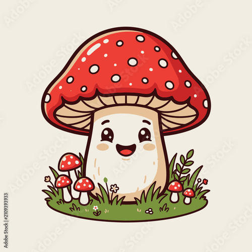 Kawaii red mushroom character with smaller mushroom family.