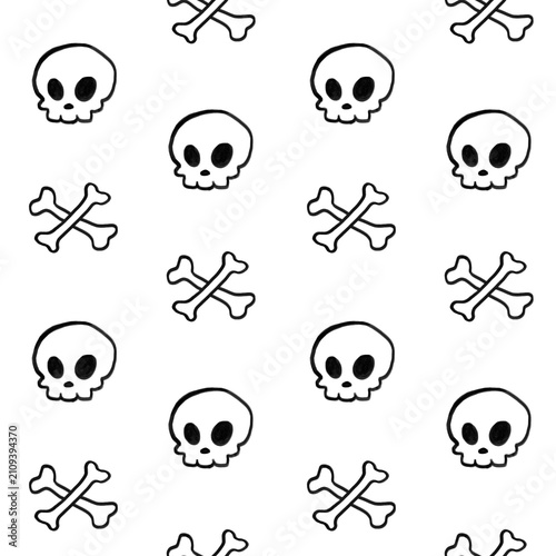 Obraz na plátně Seamless hand-drawn pattern of creepy cute skulls and bones in line art on white background for Halloween-themed textiles, gift wrapping paper, packaging, apparel fabric prints, linens, accessories