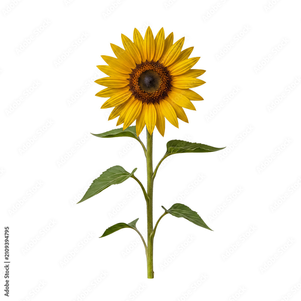 Fototapeta premium Elegant full-length yellow sunflower standing tall with green stem and leaves, ready for harvest.