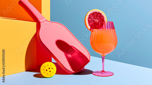 Pickleball aperitivo banner featuring paddle, yellow ball, and vibrant alcohol-free mocktail, connecting summer sport culture, resort leisure, social wellness, and luxury advertising space.