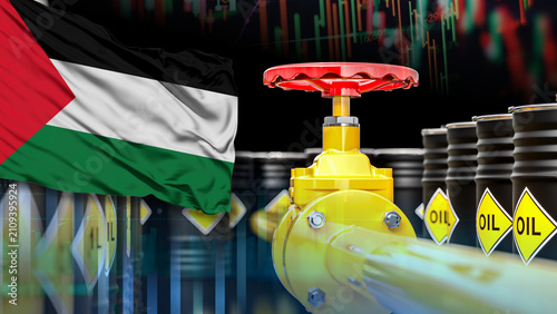 Canvastavla The Palestinian flag, oil pipelines, oil drums, and financial charts illustrate the energy sector, the oil and gas industry, gasoline transportation, and fluctuations in Palestinian oil prices