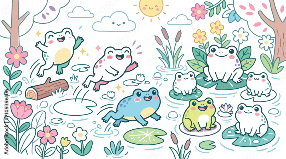 Naklejka premium Cute colorful frogs playing together in a peaceful pond with lily pads and bright flowers