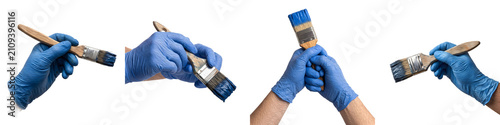 Foto Hand in Blue Nitrile Glove Holding a Paint Brush Isolated on White Background St