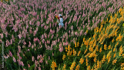 Canvas Print High angle drone a woman in gladiolus field holding a white umbrella amidst vibr