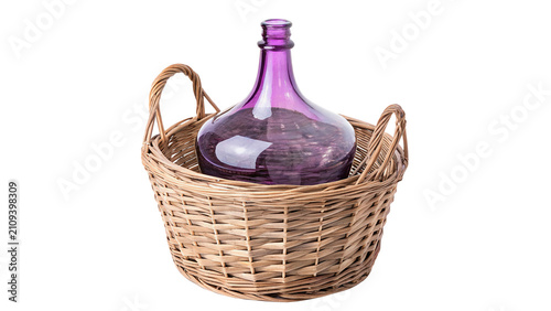 Quadro su tela Large empty purple glass carboy bottle inside wicker basket isolated on transpar