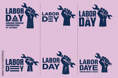 Collection of labor day celebration emblems featuring raised fists holding industrial wrenches on a light purple background