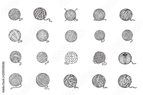Schilderij op canvas Diverse Yarn Balls Vector Illustration in Black and White