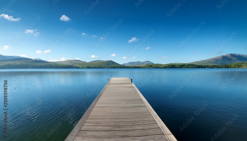Obraz premium Dock Stretches Over Calm Water Towards Distant Hills On A Clear Day