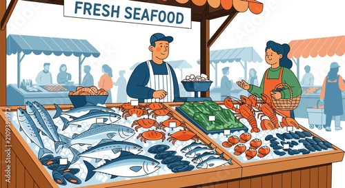 Bild auf Leinwand Fresh seafood market stall with fishmonger and customer flat vector illustration
