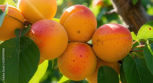 Fresh Apricots Ripening on Tree Branch with Green Leaves, Natural Sunlight, Summer Harvest