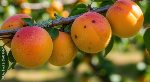 Fresh apricots ripening on tree branch, natural summer fruit harvest