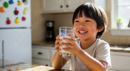 Young Asian boy happily drinking a glass of milk in a bright kitchen.