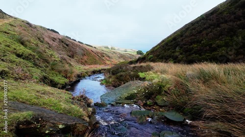 Yorkshire Moorlands in the English countryside. Bleak barren moors or pennines. Calm lake with heather covered hills.