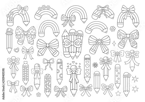 Coquette pencils bows coloring page, Back to school coloring book, Retro School Supplies Outline Design, Teacher Pensil line art, Education Digital Stamp, Printable Activities for Kids and Adults