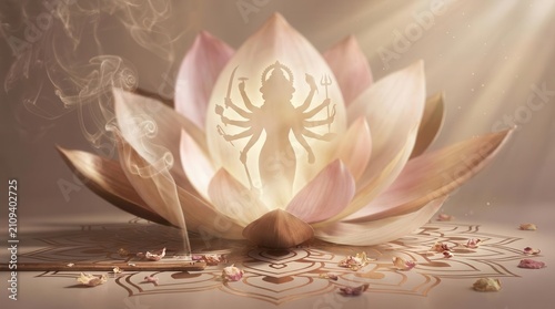 Divine Durga goddess silhouette in glowing lotus for spiritual worship and Navratri festival