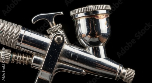 Close-up of a detailed metal airbrush with a black background