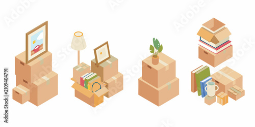 Isometric Cardboard Boxes With Household Items Vector Illustration