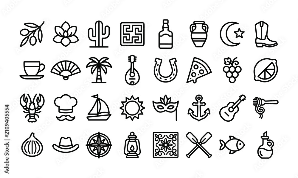 Fototapeta premium Mediterranean culture icon set, travel elements, summer symbols, Italian food vector, Spanish culture line art, nautical outline collection, traditional icons.