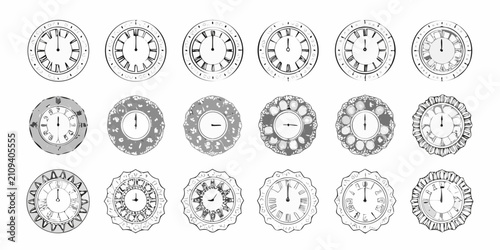 Tableau sur toile Vintage Analog Clock Faces Collection Black And White Sketch Style