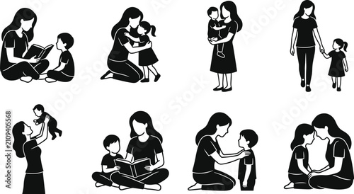 Konstfotografi Black and white of mothers and children, family silhouettes showing nurturing mo