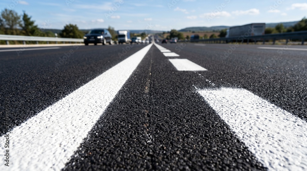 Obraz premium Asphalt motorway surface shows a white painted line dividing lanes for vehicles traveling forward.
